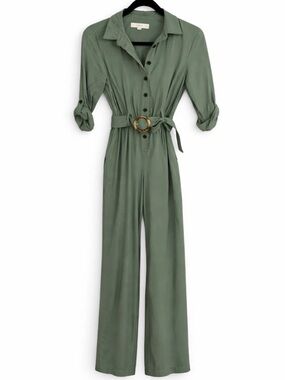 LOFT Petite Sage Green Belted Jumpsuit Button Front Wide Leg Womens 0P